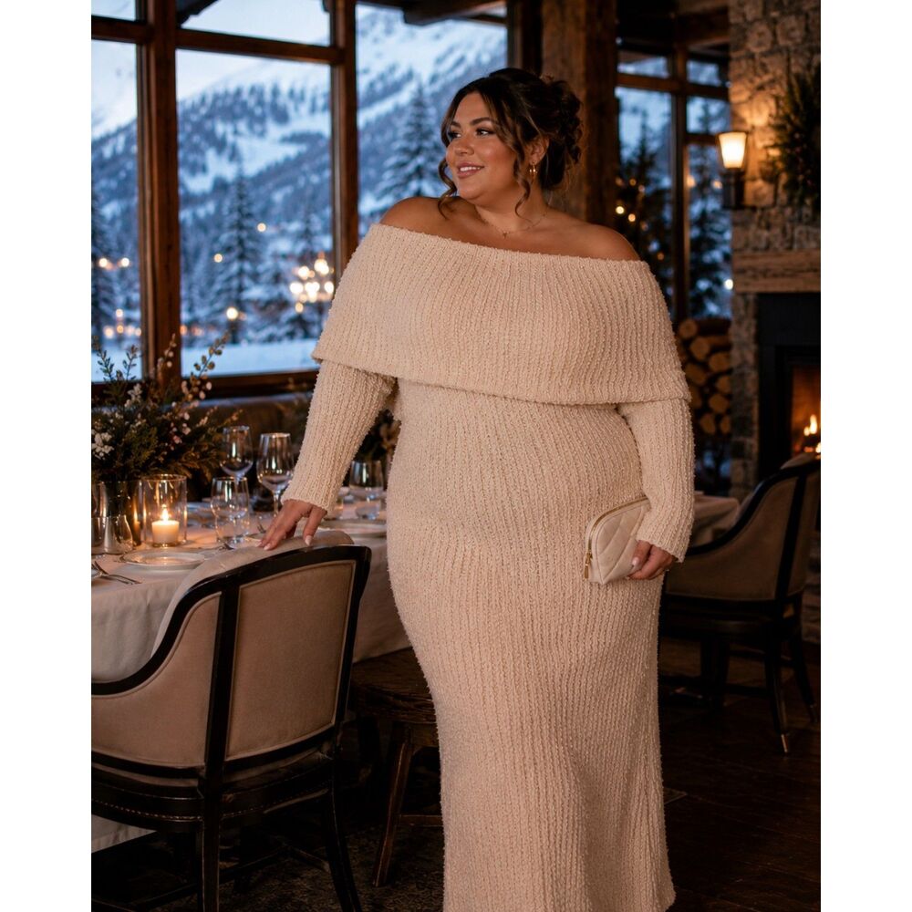 ELOQUII 30/32 Cream Boucle Sweater Maxi Dress Cape Overlay Plus Size